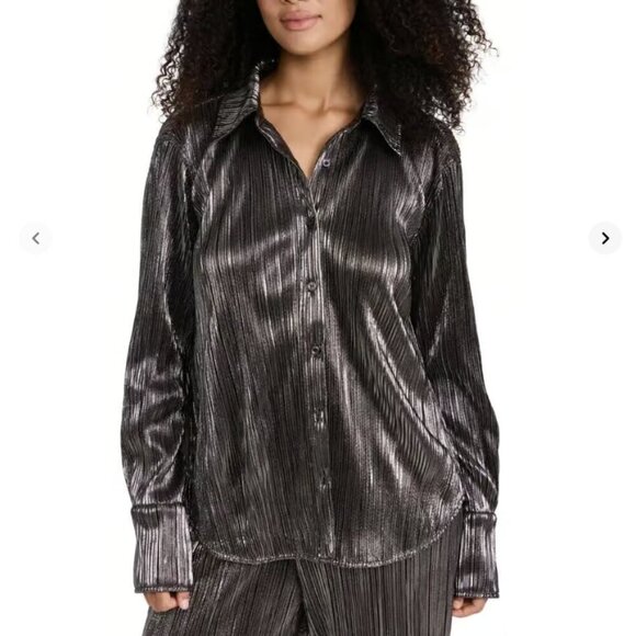 Good American Pleated Lame Plisse Button Up Shirt in Chrome size L/XL or 3/4 - Picture 1 of 11